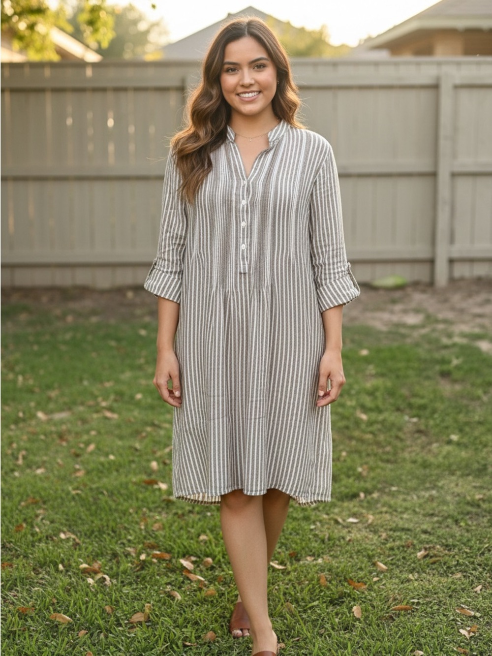 Tahari Beige and White Striped Shirt Dress